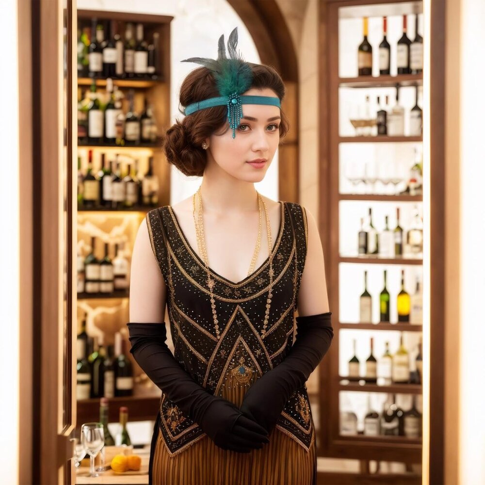 1 Pcs 1920s Flapper Headpiece Green Feather Headband Roaring 20s Gatsby Hair Acc - Picture 6 of 8